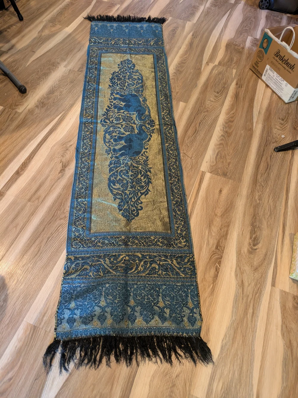 Blue and Gold Ornate Wall Tapestry Runner Thai Silk Elephant Shawl